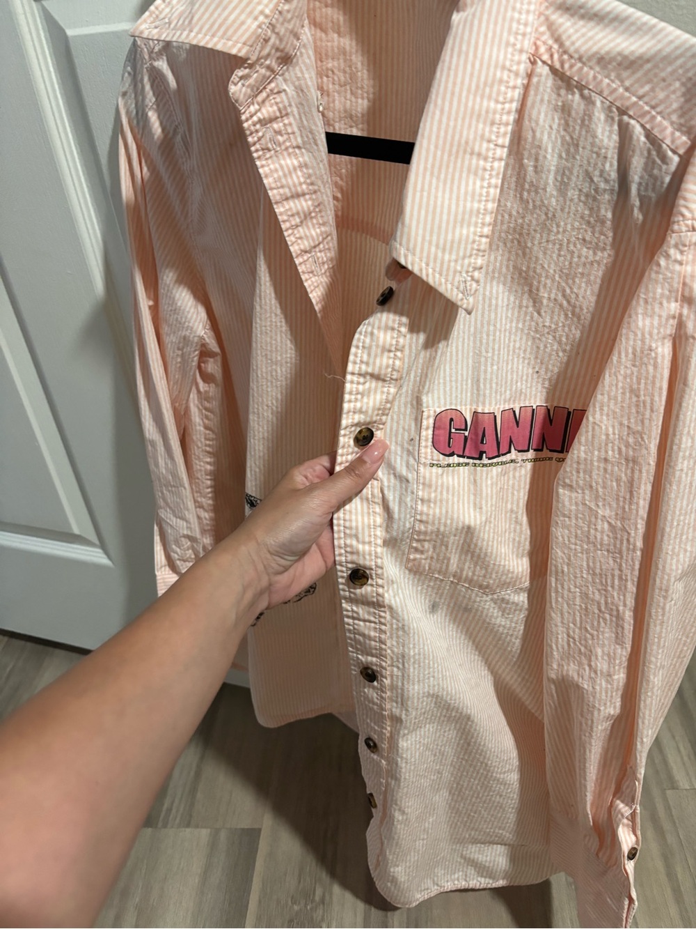 Ganni Peach and White Striped Button-Down Shirt